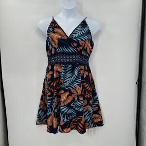Cupshe XL‎ Tropical Floral Mini Dress Navy Orange Lace Detail Vacation NEW